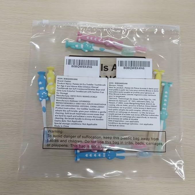 Patelai 24 Pcs Toddler Toothbrush for Age 2 up, Kids Toothbrush Set with Covers, Soft Children Manual Brushes Bulk with Suction Cup for Upright Storage, Rabbits and Bears Brushes for Travel