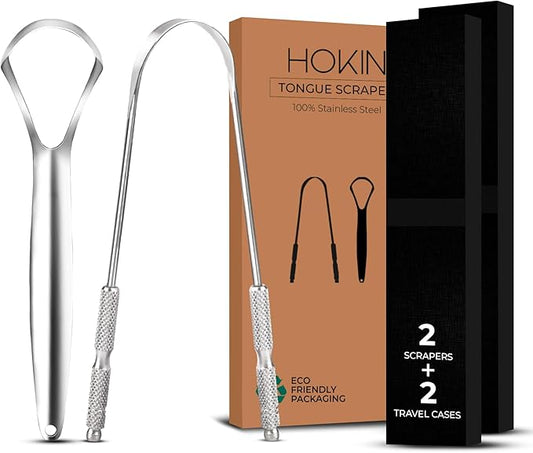 HOKIN Tongue Scraper for Adults with Travel Cases (2Pcs U & Spoon Combo Pack) - 100% Metal Tongue Cleaners, Tough Scrapers for Oral Hygiene