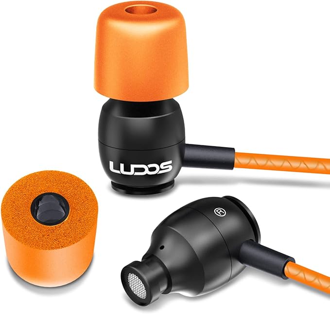 LUDOS Clamor Wired Earbuds in-Ear Headphones, 5 Years Warranty, Earphones with Microphone, Noise Isolating Ear Buds, Memory Foam for iPhone, Samsung, School Students, Kids, Women, Small Ears - Orange-StrideForce Fitness