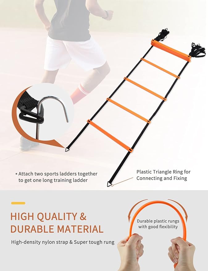 GHB Agility Ladder,Football Training Equipment Set,4 Agility Hurdles, 20 feet12 Rungs Speed Ladder,12 Disc Cones,Resistance Parachute, Jump Rope, 5 Resistance Bands-StrideForce Fitness