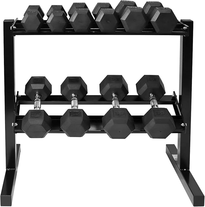 WF Athletic Supply Rubber Coated Hex Dumbbell Set with Two Tier Premium Storage Rack Built for Strength Building, Weight Loss & Home Gym ??Multiple Sets Available