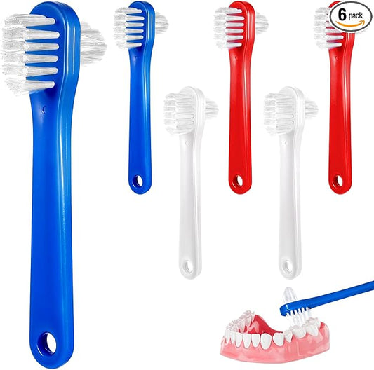 6 Pack Dual Headed Firm Hard Bristle Toothbrush, Portable Denture Brush, Denture Clean Toothbrush for Dentures Braces Cleaning