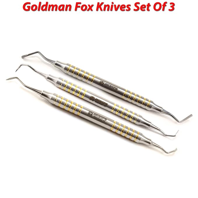 MEDSPO Professional Dental Instruments Osteotome Periotome Luxating Elevator Implant | Orthodontic PDL Teeth | Surgical Root Extraction Spreading (Goldman Fox Knives Gold Set Of 3)