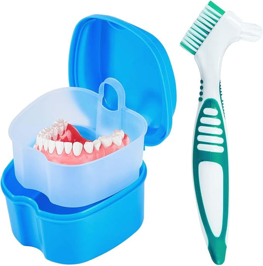 Light Blue Denture Bath Case Cup Box Holder Storage Container with Denture Cleaner Brush Strainer Basket for Travel Cleaning