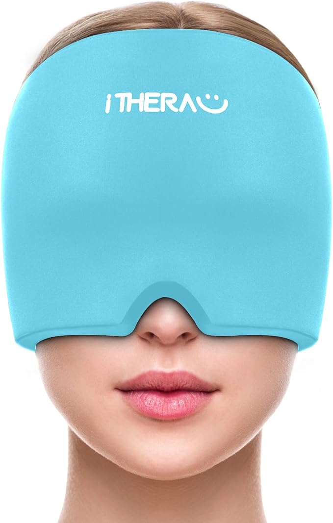 iTHERAU Migraine Relief Cap, Soothing Headache Hat, Gel Ice Pack Head Wrap with Hot and Cold Therapy, Headache Relief Cap for Sinus, Puffy Eyes, Tension and Stress Relief Blue-StrideForce Fitness