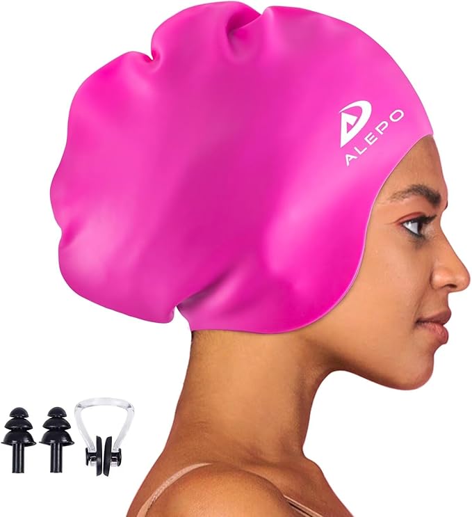 Alepo Extra Large Swim Cap for Women Men, Durable Silicone Swimming Hat with Ear Protection, Unisex Adults Bath Swimming Caps for Long Thick Curly Hair & Dreadlocks Braids Weaves Afro Hair-StrideForce Fitness