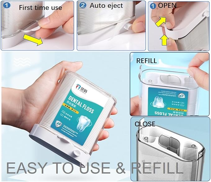 Dental Floss Picks, Flossers Picks for Adult Teeth, Packed in 1pc of Refillable Auto-Ejection-Case and 3pcs of Portable Cases, Hygienic Convenient, Smart Buy, 442pcs (White)
