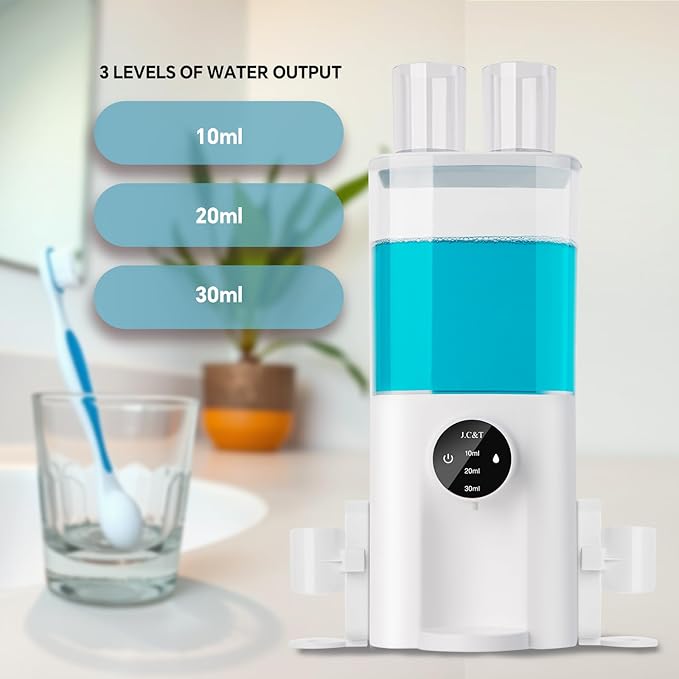 J.C&T Automatic Mouthwash Dispenser, 21.98 Fl Oz (650ML) Touchless Electric Wall-Mounted & Countertop, Rechargeable Mouth Wash Dispensers for Bathroom with Magnetic Cups for Kids & Adults, White