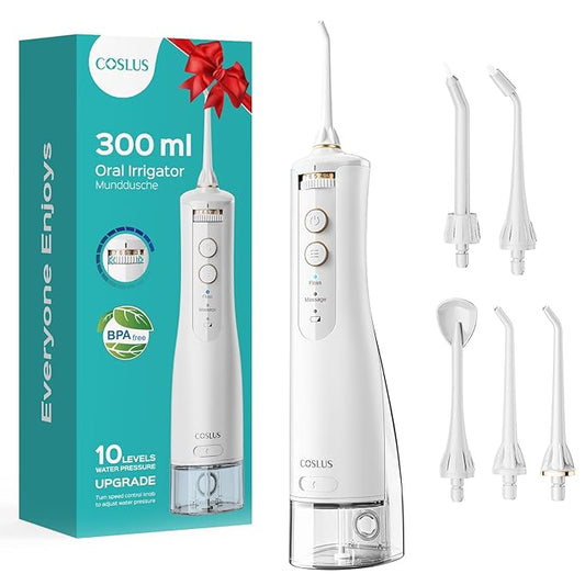 COSLUS Portable Water Flosser for Teeth: 10 Pressure Settings Professional Water Dental Pick for Orthodontic, Braces & Sensitive Gums - Cordless for Travel Use, for Adults Teens, BPA-Free, E40