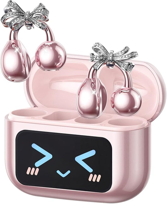 PAXA Stylish Open Ear Clip On Earbuds with Removable Butterfly Earring, Clip On Headphones with LCD Touch Screen, Fashionables Open Ear Headphones for Women, Bow Tie Earring Rose Gold Earbuds-StrideForce Fitness