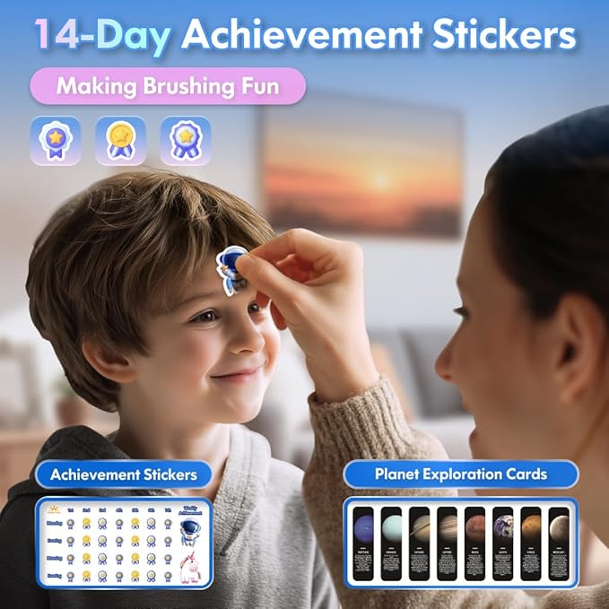 Electric Toothbrush Kids Age 3-5-7-8-12 Year Old, Childrens Electric Toothbrush Rechargeable with Timer 3 Modes 4 Vibrating Heads Habit Stickers 31000VPM Boys Electric Tooth brush (Astronaut Blue)