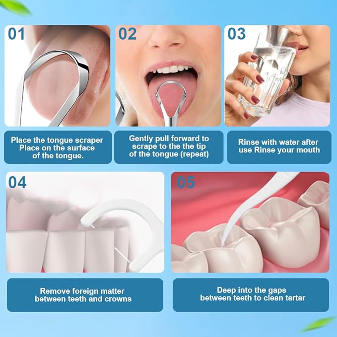 Tongue Scraper Set for Adults – 2 Medical-Grade Stainless Steel Tongue Scrapers with Travel Case + 10 Pack Floss Picks – Tongue Cleaner for Oral Care & Hygiene, Reduce Bad Breath