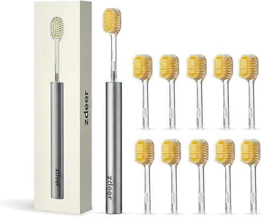 Ultra Soft Bristle Toothbrush for Adults with Sensitive Gums, Aluminum Alloy + ABS Handle with 11 Replaceable Wide Soft Gum Care Heads
