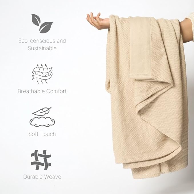 100% Cotton Herringbone Weave Blankets, 66"X90" Twin, Throw Blanket for Bed, All Season Cotton Blanket, Cozy Blanket,Throws & Bed Blanket, Throw Blanket for Couch, Modern Home Decor - Beige-StrideForce Fitness
