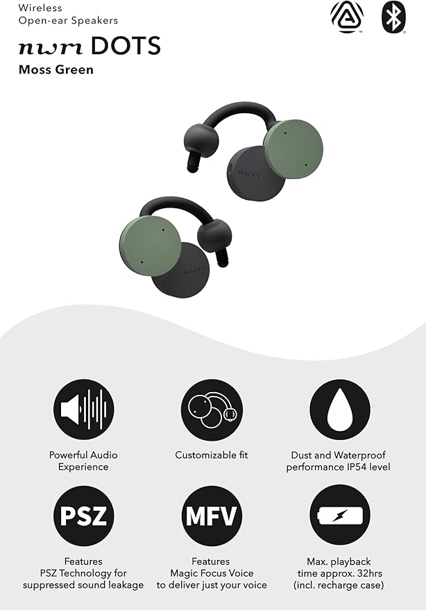 nwm DOTS Wireless On-Ear Speakers (Open Ear Earphones) Sound Leakage suppressed (PSZ Technology - Bone Conduction Alternative) with Optimal Microphone Function Designed in Japan | Moss Green-StrideForce Fitness