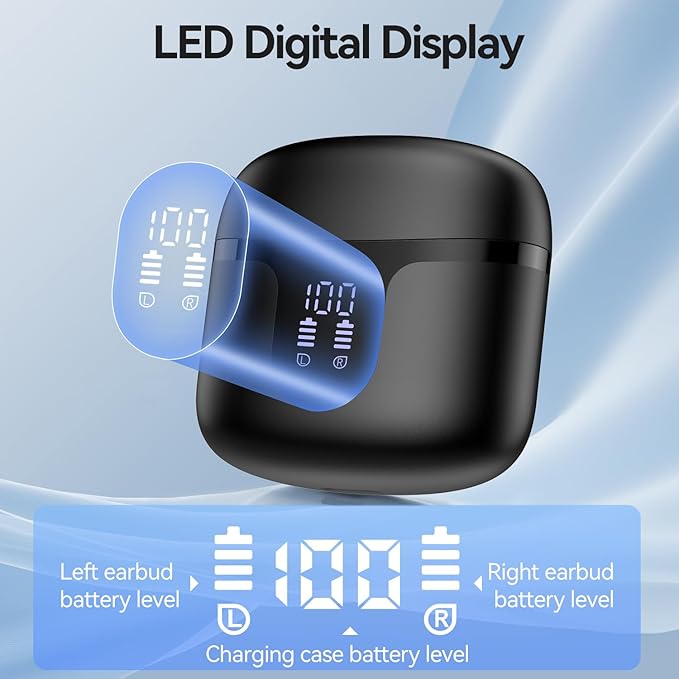 Wireless Earbuds, 2025 Bluetooth 5.3 Headphones HiFi Stereo 50H Playback Ear Buds with Led Digital Display, ENC Noise Cancelling Earbuds for Laptop Computer, iOS, Android, Black-StrideForce Fitness