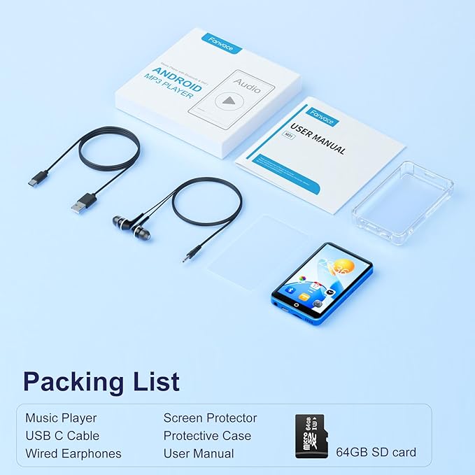 80GB MP3 Player with Bluetooth WiFi, 4" MP3 Players with Spotify, 2000mAh MP4 Player with Touch Screen, Android Music Player with Spotify Kids, Audible, Amazon Music, Play Store-StrideForce Fitness