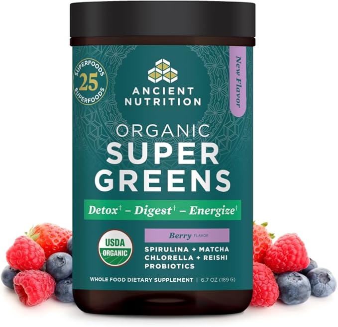 Ancient Nutrition SuperGreens Powder with Probiotics, Organic Berry Flavor Greens, Made from Real Fruits, Vegetables and Herbs, Digestive and Energy Support, 25 Servings, 6.7oz-StrideForce Fitness