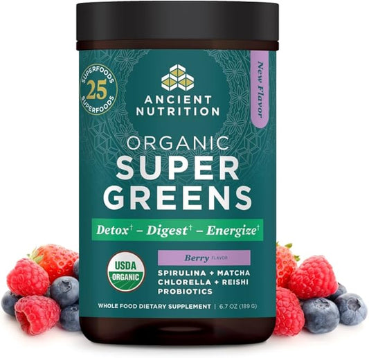 Ancient Nutrition SuperGreens Powder with Probiotics, Organic Berry Flavor Greens, Made from Real Fruits, Vegetables and Herbs, Digestive and Energy Support, 25 Servings, 6.7oz-StrideForce Fitness