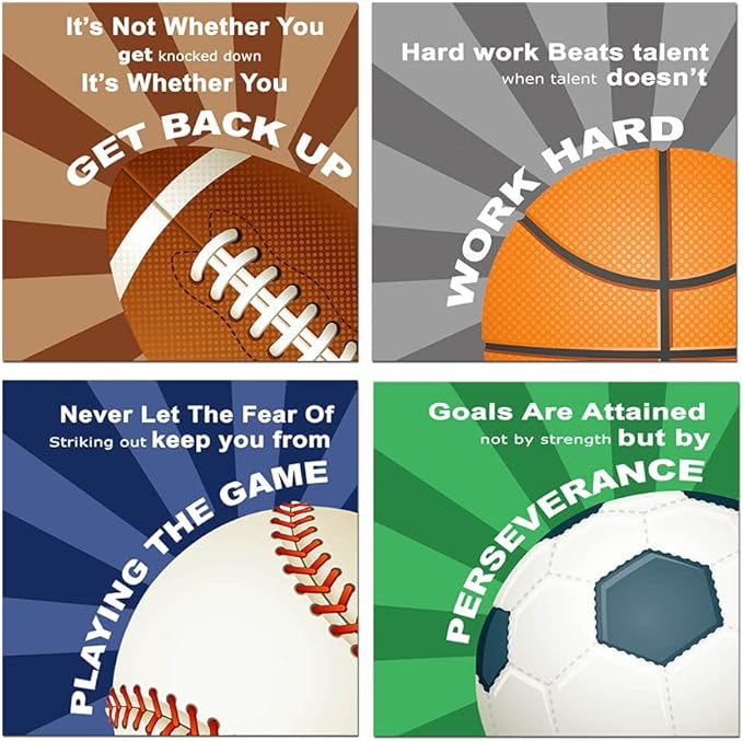 KaiLeFu-Colorful Sports Inspirational Quotes Framed Canvas Wall Art -Motivational Basketball Baseball Soccer Football Quotes Sport Art Wall Decor for Kids Boys Room Classroom -12"x12"x4pcs-StrideForce Fitness
