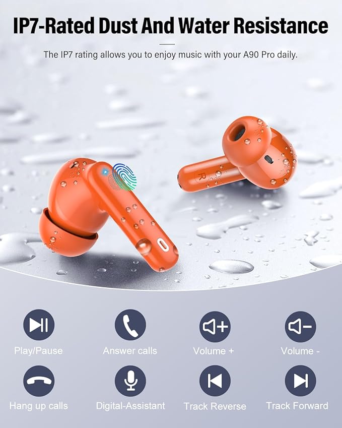 Wireless Earbuds, Bluetooth 5.4 Headphones Bass Stereo, Ear Buds with Noise Cancelling Mic, IP7 Waterproof in Ear Earphones, 36H LED Display Bluetooth Earbuds for Laptop Pad Phones Sports, Orange-StrideForce Fitness