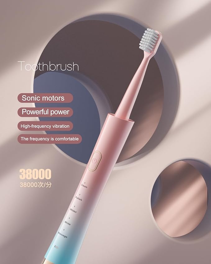 Pink & Blue Gradient Rechargeable Sonic Electric Toothbrush for Adults, 5 Modes with Smart Timer, 8 Replacement Brush Heads Soft Bristles, High Vibration, Perfect for Home, Travel, Gift
