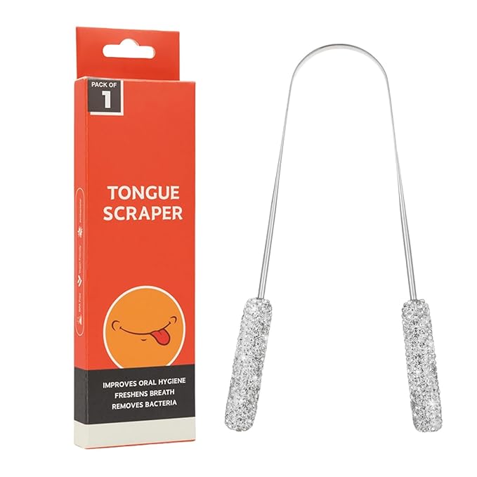 Tongue Scraper Bling Metal Tongue Cleaner for Adults & Kids Diamond Stainless Steel Tongue Scrubber for Oral Care & Hygiene(White)