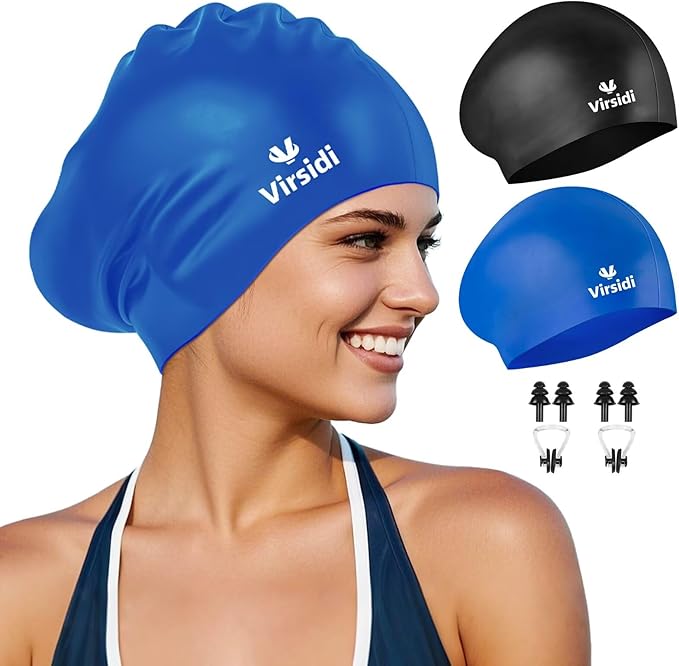 2 Pack Swim Cap for Women Men Adult, Silicone Swimming Caps for Short Long Hair, Waterproof Swim Hats Bathing Caps to Keep Hair Dry with Nose Clip and Earplugs-StrideForce Fitness