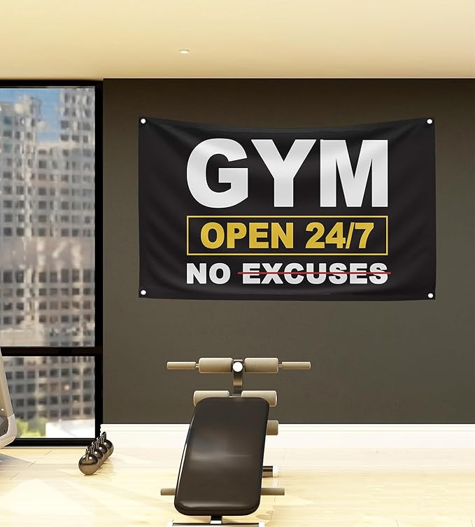 GYM OPEN 24/7 INDOOR NO EXCUSES Motivational Gym Banner, 3x5 Ft Single-sided Printing Inspirational Wall Decor Flag, Perfect Motivational Wall Decor, Keep Motivated and Passion with Gym Flag-StrideForce Fitness