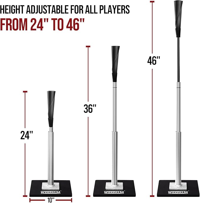 Batting Tee for Baseball/Softball, Premium Hitting Tee with Handrolled Rubber Top,Aluminum Stem,Metal Base,Easy Setup Baseball Tee Height Adjustable 24-46 inch for Kids and Adults-StrideForce Fitness