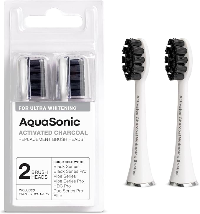 AquaSonic Genuine 2-Pack Activated Charcoal Brush Heads - Ultra Whitening Brush Heads - 2X Whitening & Stain Remover - for Black Series, Black Series Pro, Vibe Series, Duo Pro Series (White)