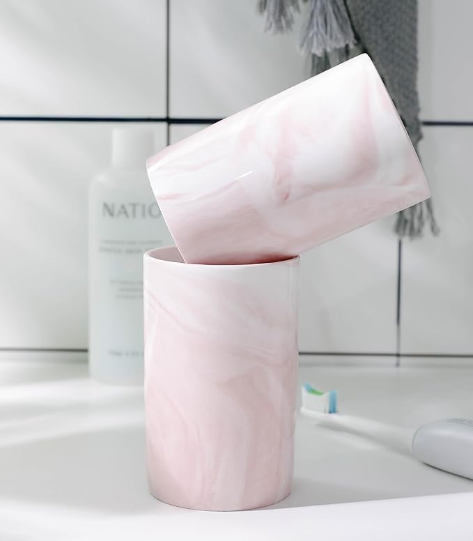 Kelake Ceramic Rustic Pink Marble Bathroom Tumbler Cup for Mouthwash Rinsing Toothbrush and Toothpaste Holder Stand Cups 280 ml Porcelain Milk Drinking Cups for Christmas Birthday