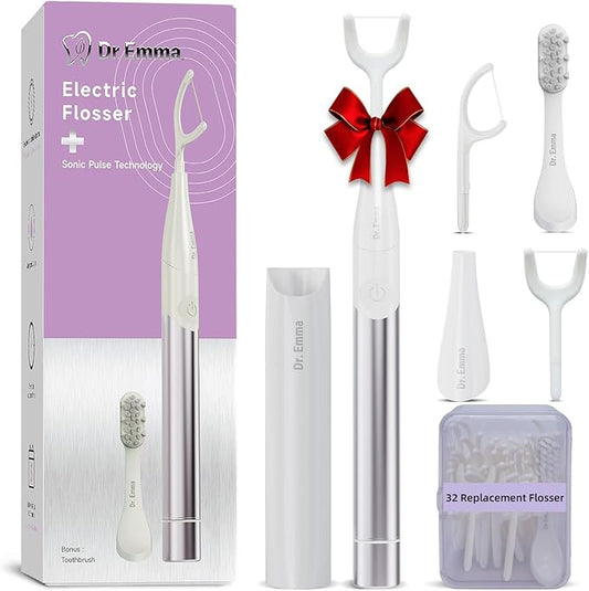 Dr. Emma Electric Vibration Flosser with Replaceable Floss Picks and Toothbrush, Power Flosser for Adults, Dental Flosser Kit for Teeth Cleaning, Water Flosser Alternative, Purple