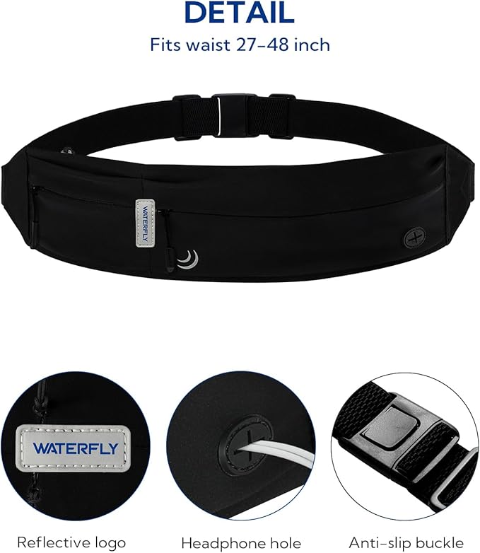 WATERFLY Running Belt Fanny Pack: Runner Marathon Jogging Waist Pack Sport Workout Exercise Fitness Phone Holder Belt for Men Women Jogger Slim Waistband Black-StrideForce Fitness