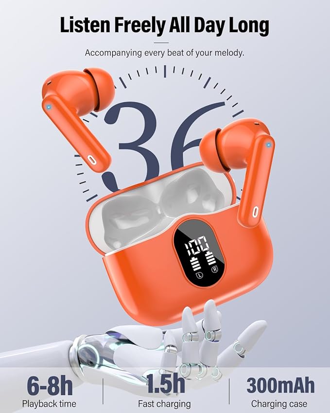 Wireless Earbuds, Bluetooth 5.4 Headphones Bass Stereo, Ear Buds with Noise Cancelling Mic, IP7 Waterproof in Ear Earphones, 36H LED Display Bluetooth Earbuds for Laptop Pad Phones Sports, Orange-StrideForce Fitness