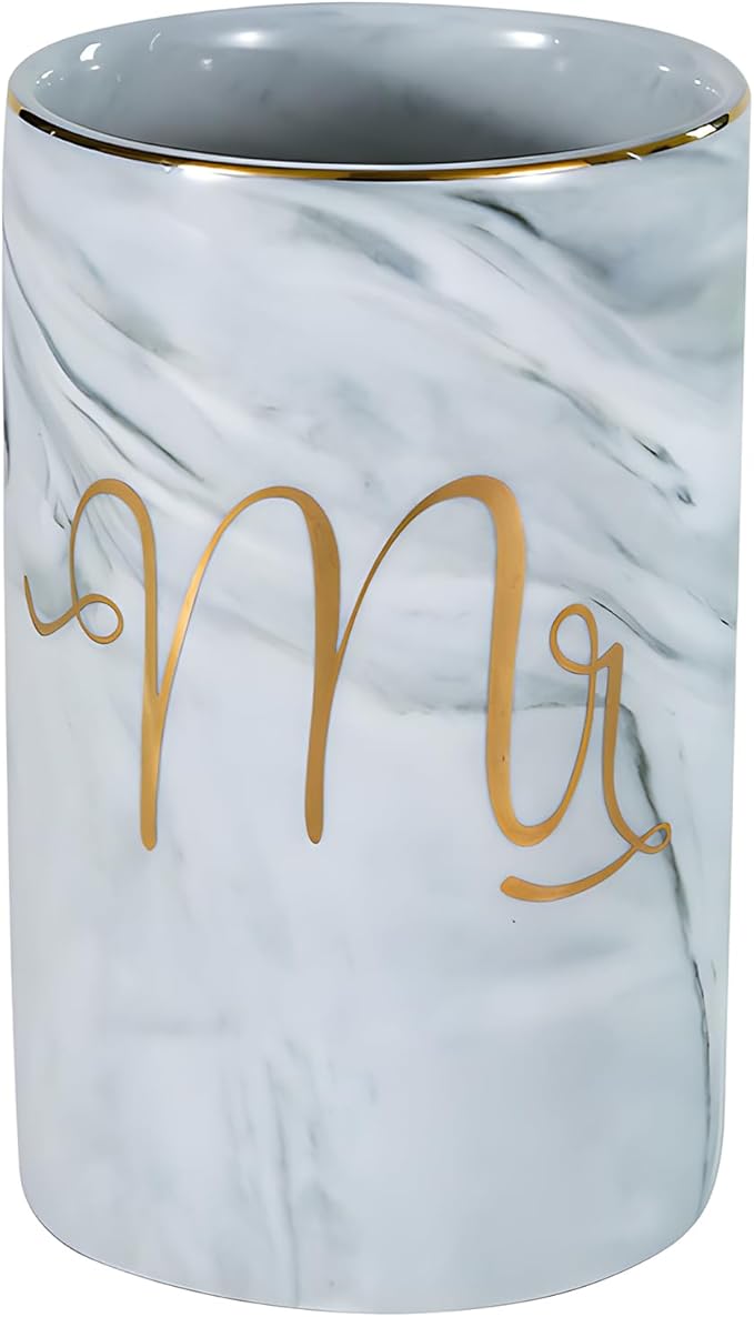 Kelake Ceramic Rustic Gray Marble Bathroom Tumbler Cup for Mouthwash Rinsing Toothbrush and Toothpaste Holder Letters Stand Cups 280 ml Porcelain Milk Drinking Cups for Christmas Birthday