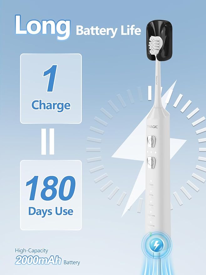 7MAGIC Sonic Electric Toothbrush for Adults and Kids - Up to 180 Days Runtime, 42000 VPM Powered Toothbrush, 5 Modes & 3 Intensities for Sensitive Teeth & Braces, Includes 8 Brush Heads, White