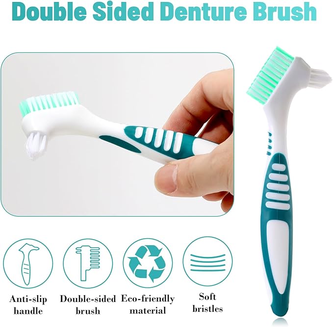 2Pcs Denture Cleaning Brush Kit False Teeth Toothbrushes with 1 White Carrying Case Travel Multi-Layered Soft Bristles Denture Cleaner Ergonomic Rubber Handle(Green and Purple)