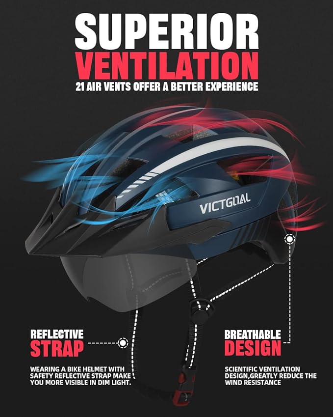 VICTGOAL Bike Helmet for Men Women with Led Light Detachable Magnetic Goggles Removable Sun Visor Mountain & Road Bicycle Helmets Adjustable Size Adult Cycling Helmets-StrideForce Fitness