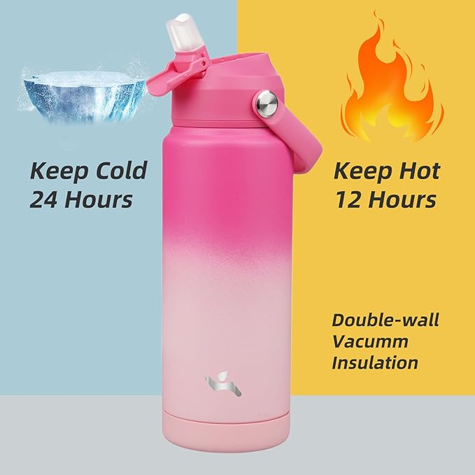 Insulated Water Bottle with Straw Lid,24 oz Stainless Steel Vacuum Metal Bottle with Silicone Handle,Cherry Blossom-StrideForce Fitness