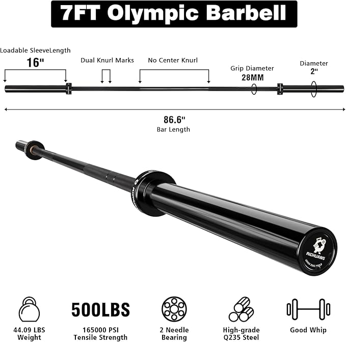 Olympic Barbell 45lb (20kg) - 7ft Bearing Spin Bar for Weightlifting and Strength Training,Ceramic Coating,500 LBS Capacity,28mm High Whip,Fits 2" Plates,for Home Gym-StrideForce Fitness