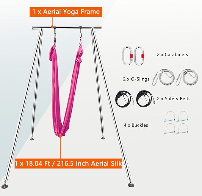 TECSPEC 9.6 FT/115.3 Inch Adjustable Height Aerial Yoga Frame & Hammock, Professional Swing Stand with 18 FT/33FT Aerial Silk, 550lbs Max Capacity-StrideForce Fitness