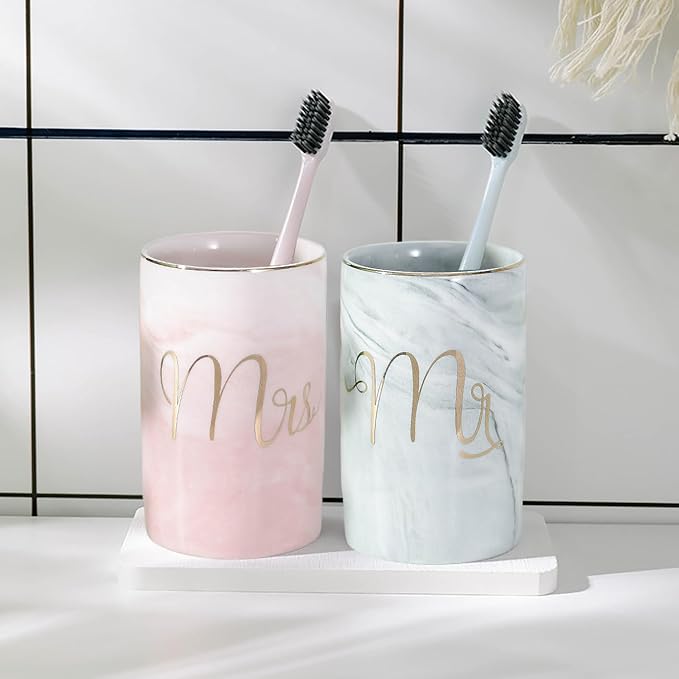 Kelake Ceramic Rustic Pink Marble Bathroom Tumbler Cup for Mouthwash Rinsing Toothbrush and Toothpaste Holder Letters Stand Cups 280 ml Porcelain Milk Drinking Cups for Christmas Birthday