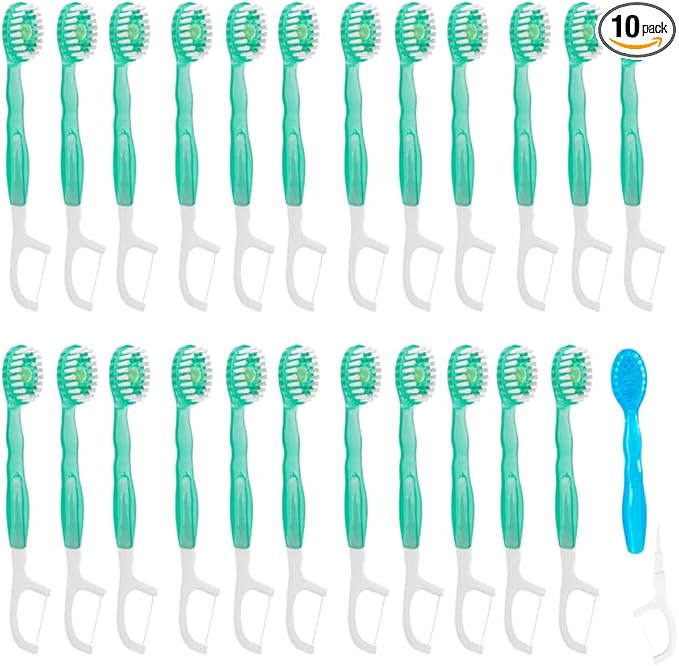 Mini Disposable Toothbrushes with Toothpaste 5 in 1 Portable Individually Wrapped Travel Toothbrush with Toothpaste + Tongue Scraper + Picks+Floss Travel Case (Green Plum Tea, 10)