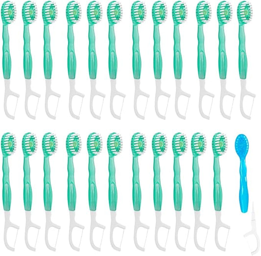 Mini Disposable Toothbrushes with Toothpaste 5 in 1 Travel Portable Toothbrush with Toothpaste + Tongue Scraper + Picks+Floss Travel Case Individually Wrapped (Green Plum Tea, 26)
