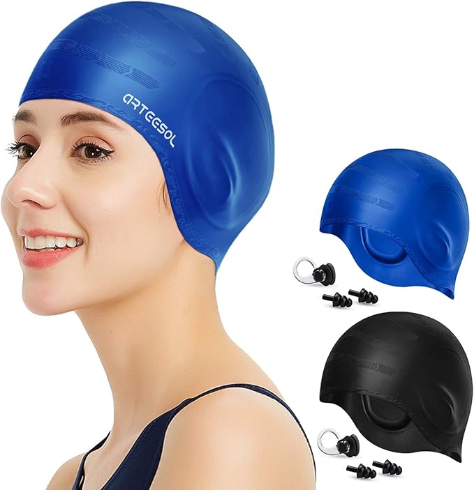 Swimming Cap, Silicone Swim Cap for Women Men, Durable Non-Slip Waterproof Swim Cap Protect Ears, Long Hair for Adults, Older Kids-StrideForce Fitness