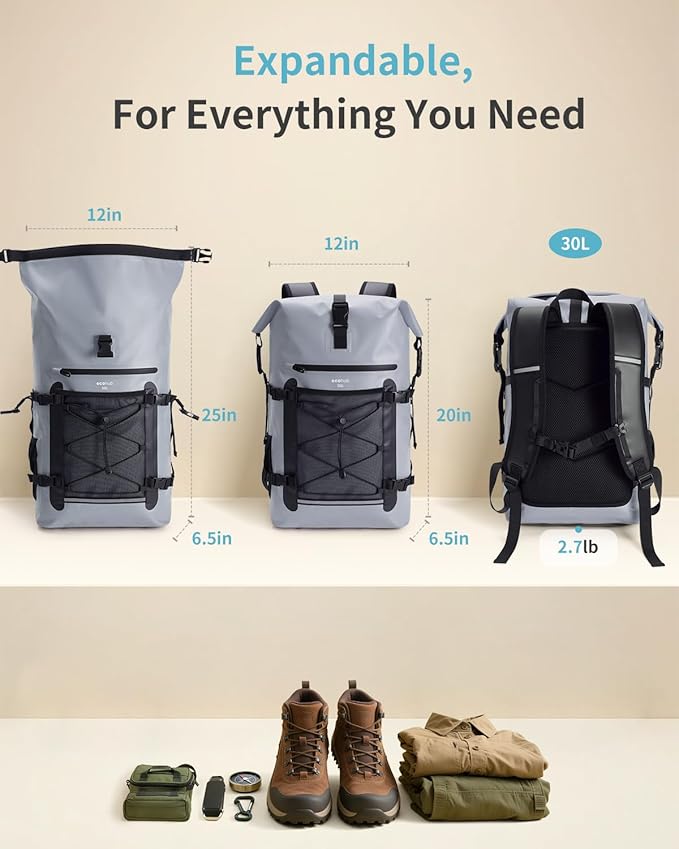ECOHUB Waterproof Backpack for Women Men, 30L Roll-Top Closure Heavy Duty Dry Bag for Travel with IPX8 Waterproof Phone Case-StrideForce Fitness