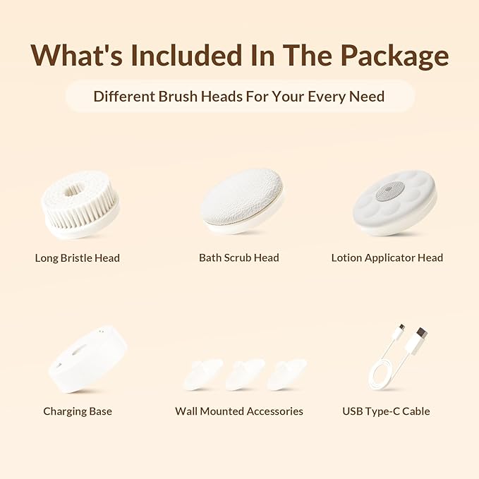 Electric Body Brush Back Scrubber for Shower, Waterproof Long Dual Handle Power Body Scrubber with 3 Heads, Rechargeable Bath Brush & 2 Speeds, for Cleansing, Exfoliating and Massaging Skin-StrideForce Fitness