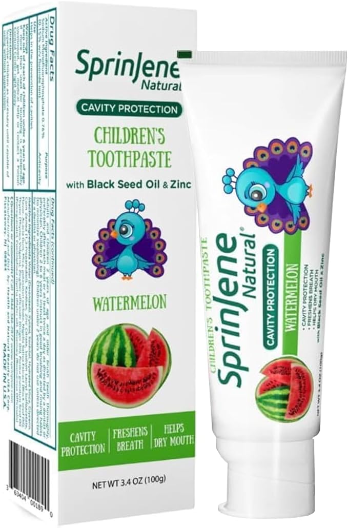 SprinJene Natural Children’s Toothpaste – Watermelon Fluoride Toothpaste for Kids & Toddlers – Cavity Protection – Safe Natural Formula with Patented Black Seed Oil & Zinc – Made in The USA (1 Pack)