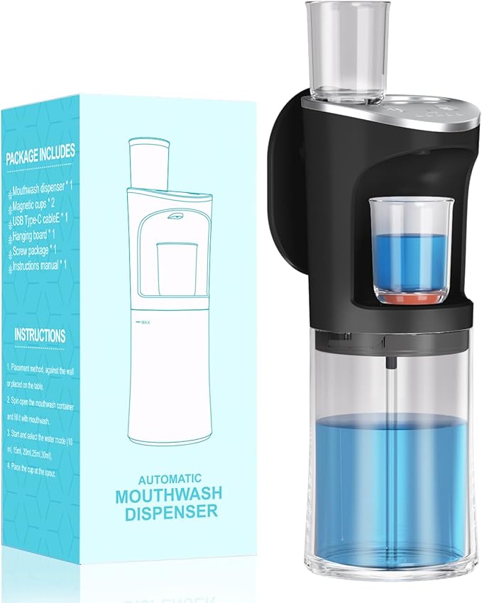 Automatic Mouthwash Dispenser for Bathroom, 2500mAh Electric Touchless Black Mouthwash Dispenser with Magnetic Cups, 20 Oz Wall Mounted/Countertop Mouthwashs Dispensers for Kids & Adults